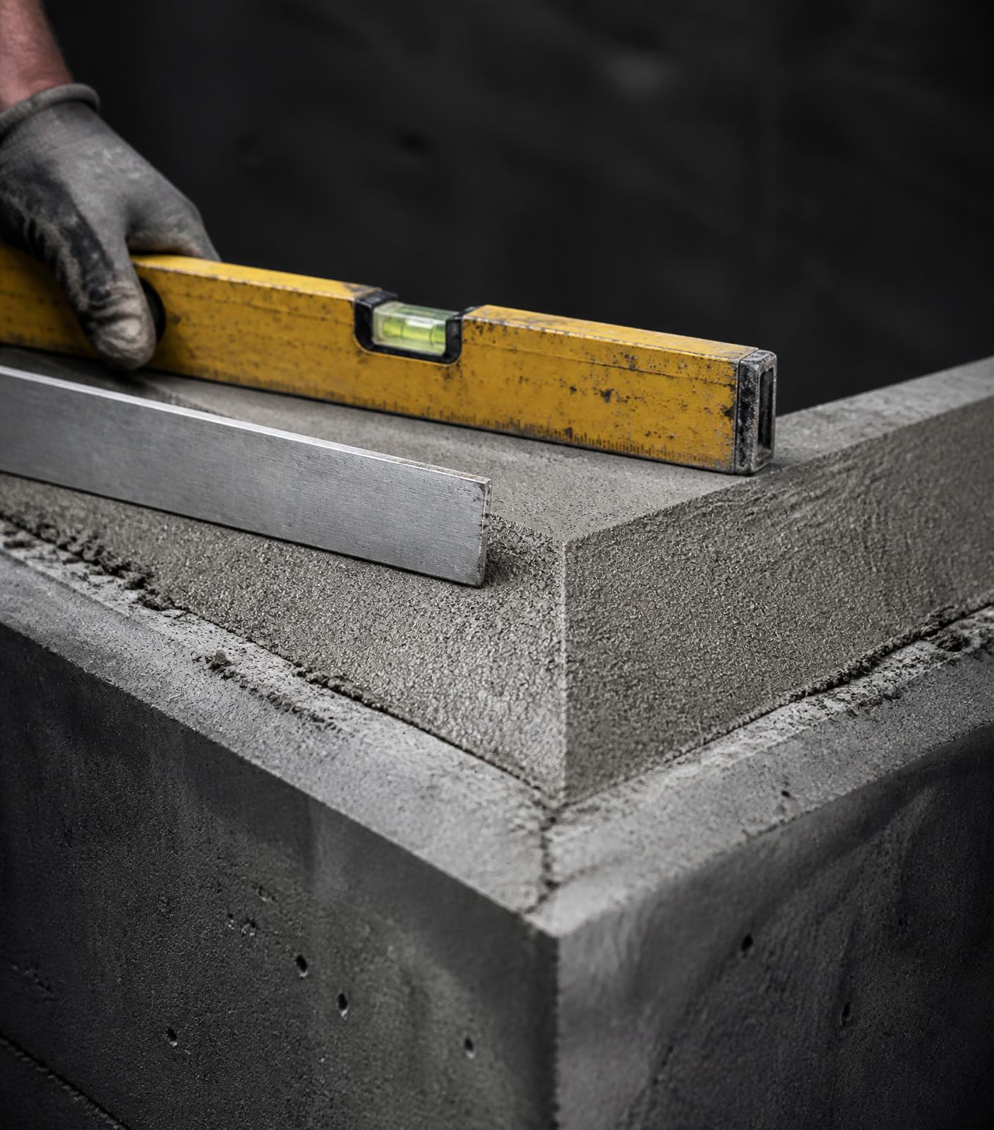 Spirit level and steel straightedge checking the plane of a sharp mortar corner
