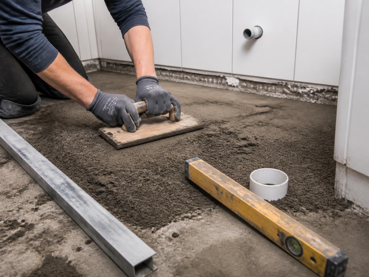 Gloved hands compacting a dry-pack sand and cement mortar floor bed with a wood float