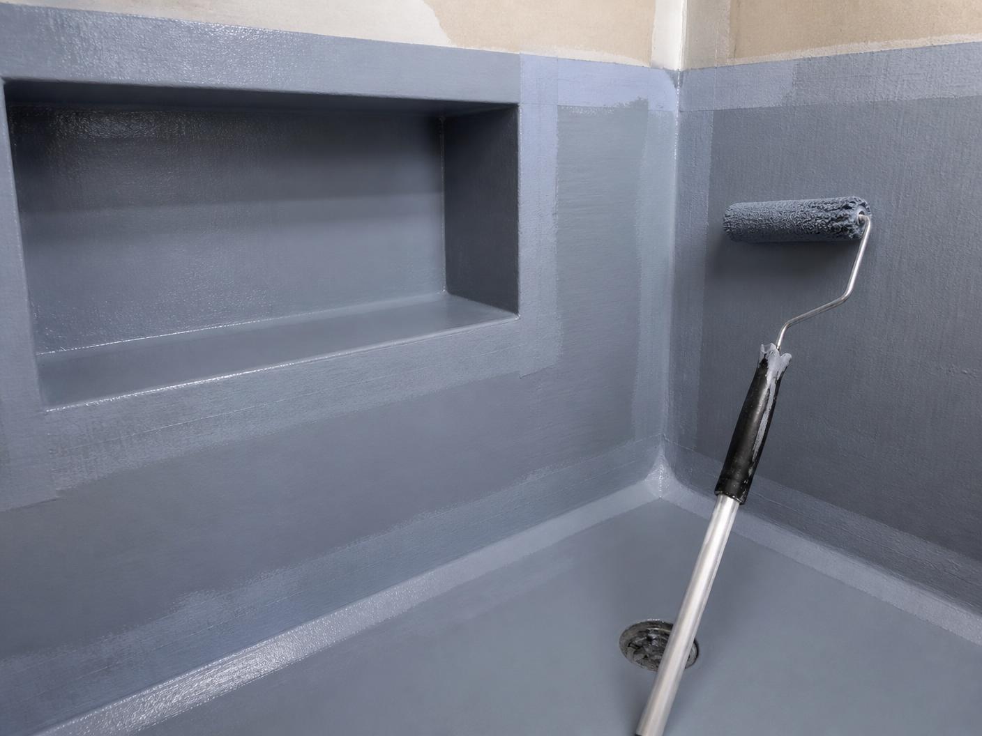 Waterproofing membrane rolled over a shower niche, corner and floor before tiling